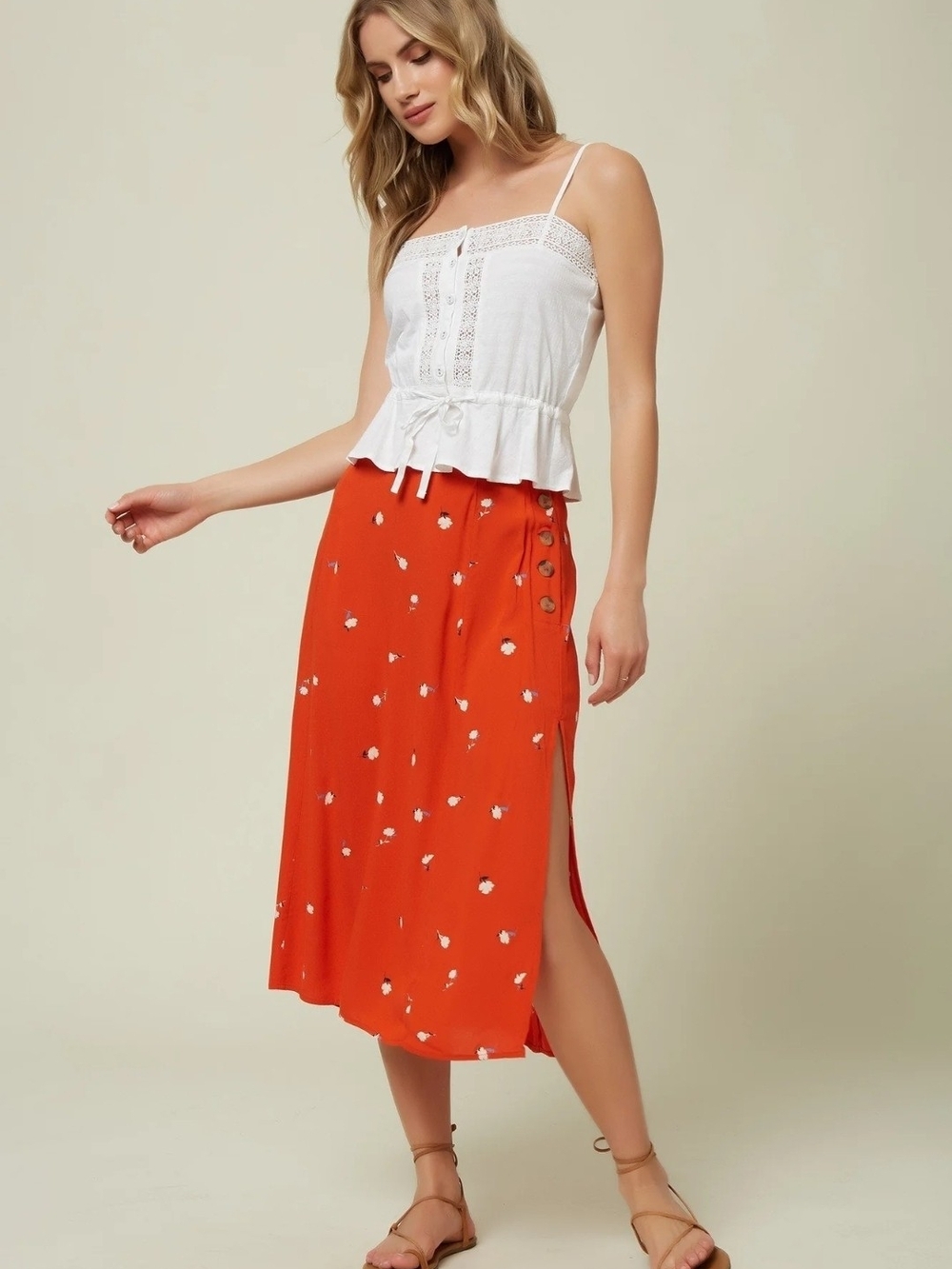 O'Neill Bright Red Floral Side-Button Midi Skirt